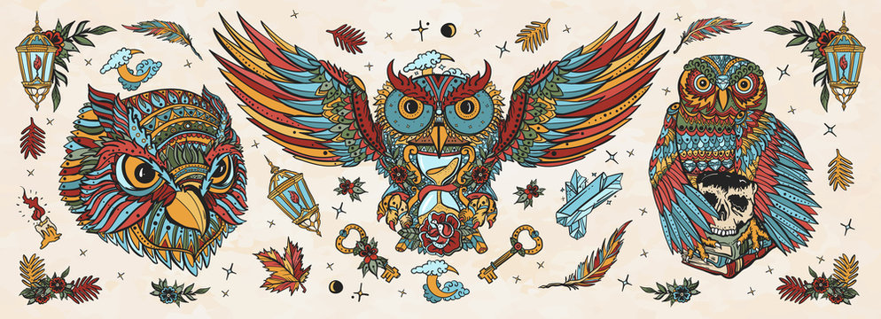 Owls heads. Old school tattoo collection. Fairy tale art. Magic birds, traditional tattooing style