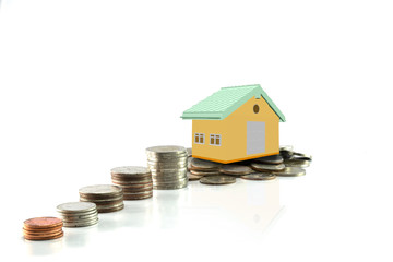 Thai bath coins money setting growth up increase and rendering 3d house model isolate on white background ,business concept investment mortgage finance.