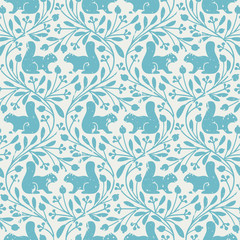 seamless vector vintage pattern with squirrels and floral ornament in blue - 300149548