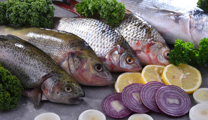 Different sorts of fish on kitchen table