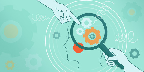 The psychological concept of human thinking, brain mechanics, complexes, problems. Illustration face in profile, magnifier, gears, springs on a blue background. Website cover, page, banner.