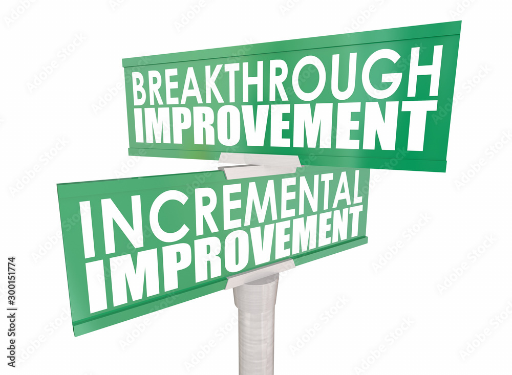 Wall mural breakthrough vs incremental improvement continuous process street signs 3d illustration