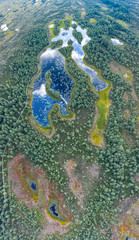 Sunrise in the bog landscape. Misty marsh, lakes nature environment background