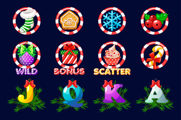 Complete set Christmas icons for slots. Vector icons for casino slot game