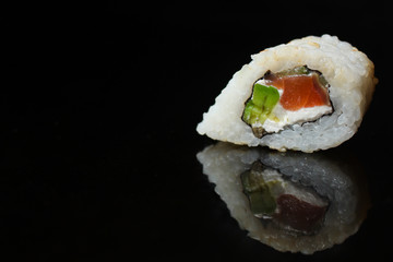 sushi rolls, traditional Japanese food (rice, nori and seafood) menu concept. food background. copy space. Top view