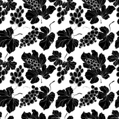 Vector Grape berry healthy food. Black and white engraved ink art. Seamless background pattern.