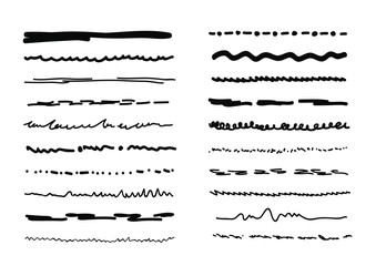 Lines hand drawn vector set. Sketch handmade chalk underlines. Pen brush lines collection. Black marker grunge brush strokes