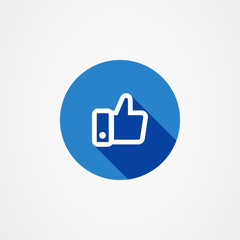 Thumbs up icon in blue with long shadow effect, like symbol.