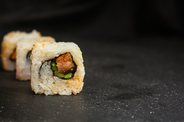 sushi rolls, traditional Japanese food (rice, nori and seafood) menu concept. food background. copy space. Top view