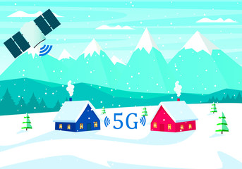 Winter landscape of mountains and villages. 5g Internet concept in remote places. High speed Internet in the village.