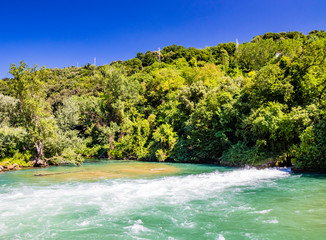 Narni, Umbria, Terni, Italy - Gole del Nera, a small lake formed by the Nera river. The open lock...