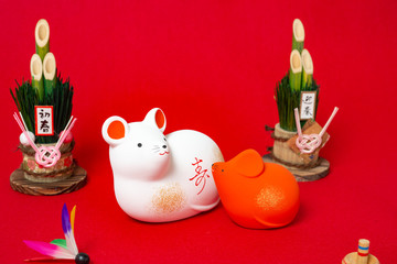 干支の置物　紅白ねずみ