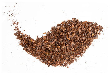 Pile of coffee bean craked crushed isolated on white background top view