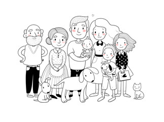 A happy family. Parents with children. Cute cartoon dad, mom, daughter, son and baby. grandmother and grandfather. Funny pet cat and dog