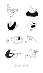 Set with cartoon cute chicken, nest and eggs. Farm animals