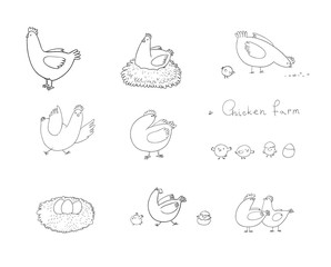 Set with cartoon cute chicken, nest and eggs. Farm animals
