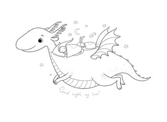 Cute cartoon gnome is flying on a dragon. elf and dinosaur -