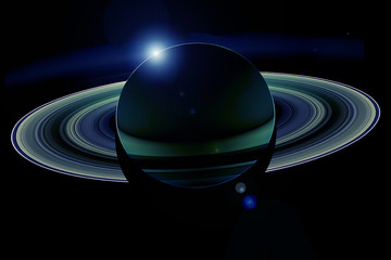The beautiful planet Saturn, with rings, and the Sun in the distance. Elements of this image were...