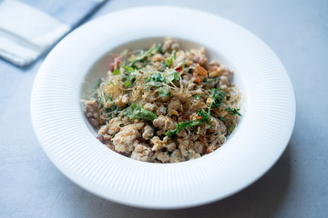 Stir fried vermicelli with minced pork and vegetable