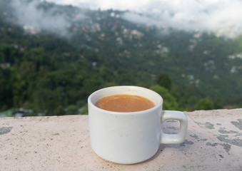 A nice cup of milk tea with a nice natural view in leisure time.