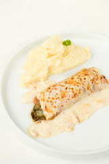 Belgian dish Chicory gratin served with mashed patatoes