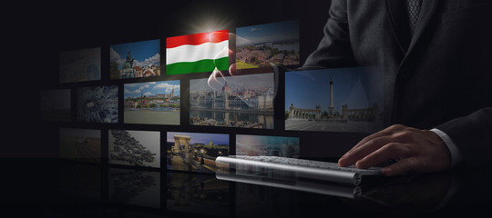 Businessman working on screen with Hungary