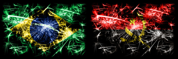 Brazil, Brazilian vs Angola, Angolan New Year celebration sparkling fireworks flags concept background. Combination of two states flags