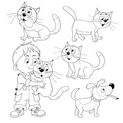 Fototapeta premium Cute little boy's day. Schedule. Coloring book. Coloring page. Illustration for children. Cute and funny cartoon characters isolated on white