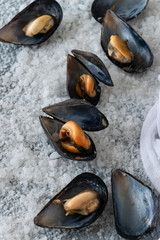 Cooked delicious black mussel, salty white background. Healthy eating concept, rich protein  food