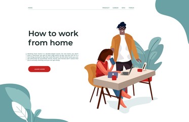 People and internet landing. Flat business web page design, homepage UI with cartoon characters surfing internet. Vector illustrations website flat modern marketing working team meeting in office