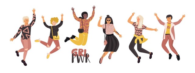 Happy diverse women. Girl power feminist movement, different happy international girls group jumping together. Women empowerment vector sketch girls personalized design. Fight for your rights