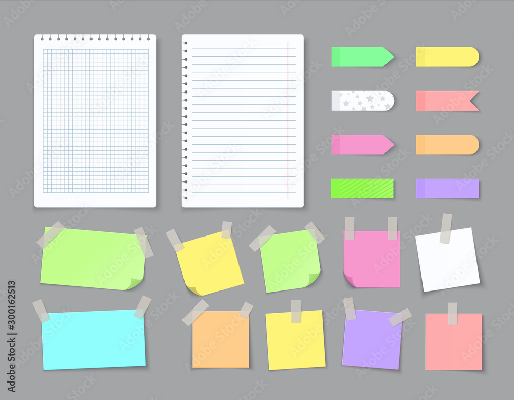 Poster Notepaper with adhesive tape. Blank stickers with ripped edges lined with grids, colored notebook pages. Vector illustration isolated set white empty paper with sticker for notes