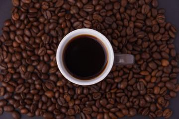 Beautiful composition of coffee beans, utensils for making coffee and decor in the form of almonds, dried slices of lemon, peanut and cinnamon on black and blue backgrounds.