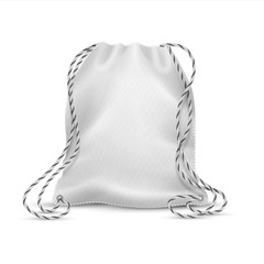 Realistic drawstring bag. White cloth bag with ropes, 3D isolated sport rucksack or accessory pack mockup. Vector illustration template cotton bagged for school shoes to wear on your back