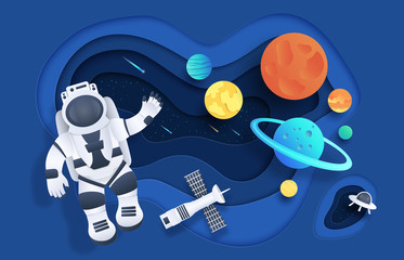 Paper cut space. Cartoon cosmonaut in open space with stars rocket spaceship planets and clouds. Vector illustration flat astronaut in cosmos, speed technology future victory people