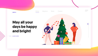 Christmas Eve Presents and Sweets Website Landing Page. Man Holding Huge Candy Cane and Woman Stand at Decorated Xmas Tree with Gift Boxes. Holidays Web Page Banner. Cartoon Flat Vector Illustration