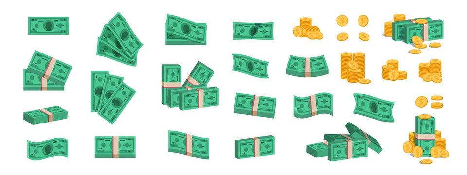 Bundle of money. Currency coins and banknotes, collection of flat 3D green dollar stack. Vector cartoon image different pile of golden coins and heap bundles banknotes cash