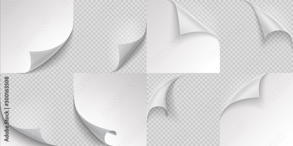 Poster curled page corners. flipped and turning paper leaf set on transparent background. vector folded or 