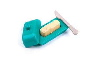 Childs toy plastic food molded 1/6th scale butter container and knife