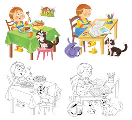 Cute little boy's day. Schedule. Coloring book. Coloring page. Illustration for children. Cute and funny cartoon characters isolated on white