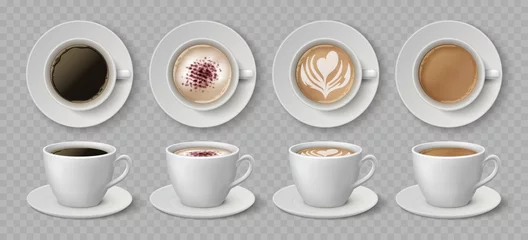 Fotobehang Koffie Realistische koffiekopjes. Espresso latte en cappuccino warme dranken, 3D mockup voorkant en bovenaanzicht. Vectorillustratie geïsoleerde zwarte koffiedrank ingesteld op transparante achtergrond