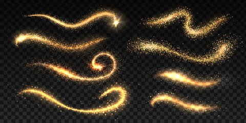 Sparkle stardust. Magic glittering dust waves, golden glowing star trails, Christmas shining light effects. Vector glamour brush set for illustration fairy magic glittering gold image on black - obrazy, fototapety, plakaty