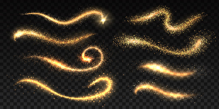 Sparkle stardust. Magic glittering dust waves, golden glowing star trails, Christmas shining light effects. Vector glamour brush set for illustration fairy magic glittering gold image on black