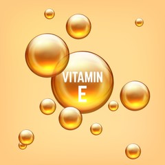 Vitamin E realictic 3D bubble. Golden emulsion balls collagen or gel. Vector illustration isolated transparent bubbles liquid serum oil jojoba on yellow background for advertising brochure