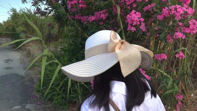 Following back of female in summery hiking outfir walking next to flowers in Greek countryside