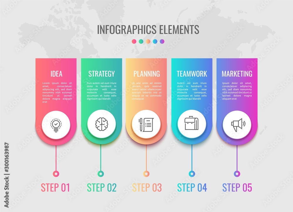 Aufkleber Cycle timeline. Business infographic elements timeline with 5 steps workflow. Process visualisation concept. Vector illustration company marketing infograph diagram with number cycle