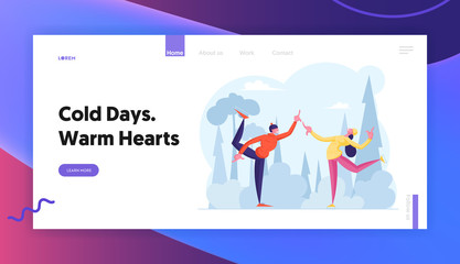 Christmas Vacation Spare Time on Ice Rink Website Landing Page. Happy Loving Couple in Warm Clothes Skating Outdoors on Frozen Pond in Winter Park Web Page Banner. Cartoon Flat Vector Illustration