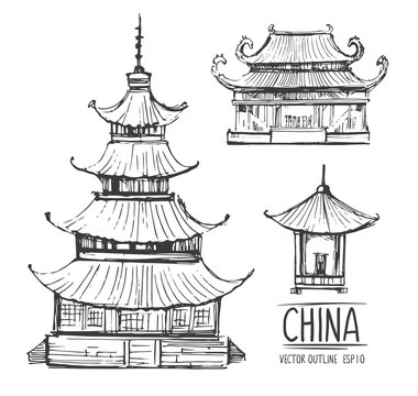 Sketch of chinese architecture. Hand drawn illustration converted to vector. Isolated on white background