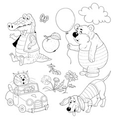 Small set of cute and funny animals. Alligator, bear, cat and dog. Cartoon characters. Character design. 