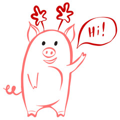 Christmas pig with Christmas antlers waving their hand. Vector illustration.